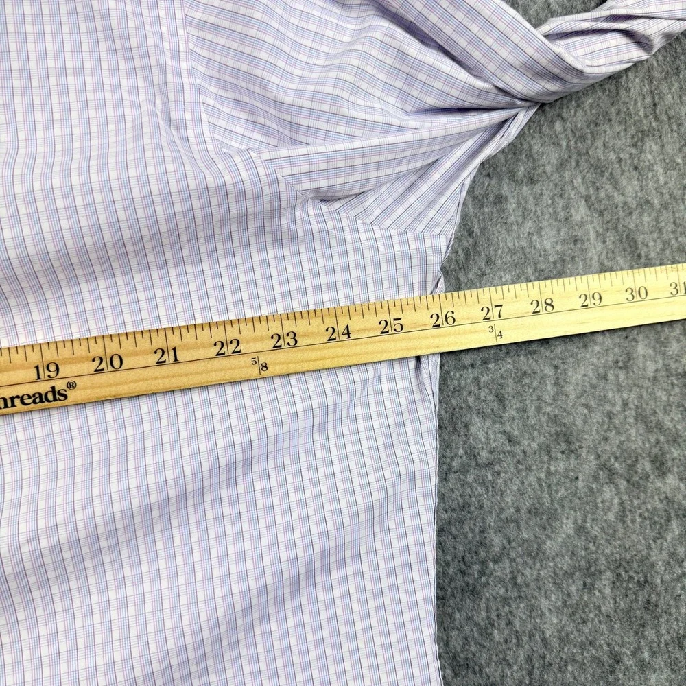 David Donahue Mens 18 34/35 Blue‎ Gold Plaid Performance Trim Fit Dress Shirt